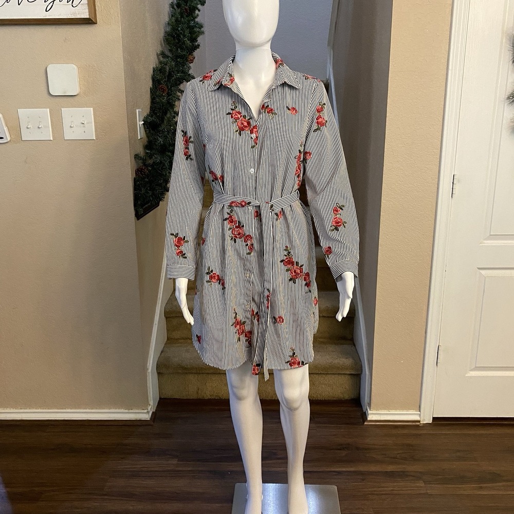 Jolie Floral Striped Shirt Dress Women's Small Button Front Belted Long Sleeve